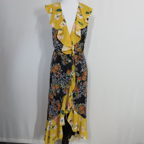 Yumi Kim Black Midnight Magic Nantucket Wrap Dress with Yellow Ruffle Hem Small - Picture 1 of 9